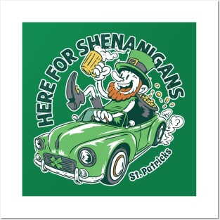 Here for Shenanigans Leprechaun Driving Car for St Patrick's Day Posters and Art